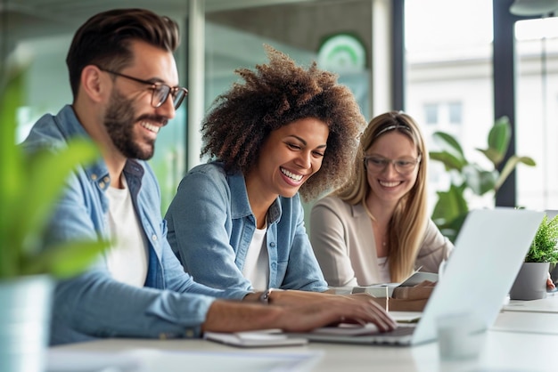 Foto colleghi sorridenti che discutono di un progetto mentre lavorano con un laptop in un ufficio interno lavoro di squadra in azienda