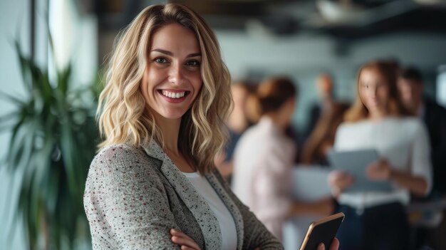 Smiling confident business leader looking at camera and standing in an office at team meeting Portrait of confident businesswoman with colleagues in boardroom Using digital tablet during a meeting