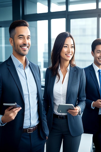 A smiling confident business leader stands in an office Aigenerated