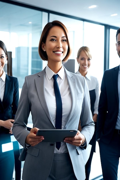 A smiling confident business leader stands in an office Aigenerated