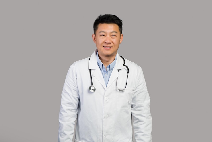 Photo 청진기와 흰색 코트에 웃는 자신감 잘 생긴 성숙한 중국 남자 치료사