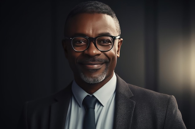 Foto uomo d'affari nero maturo sicuro sorridente che guarda l'obbiettivo