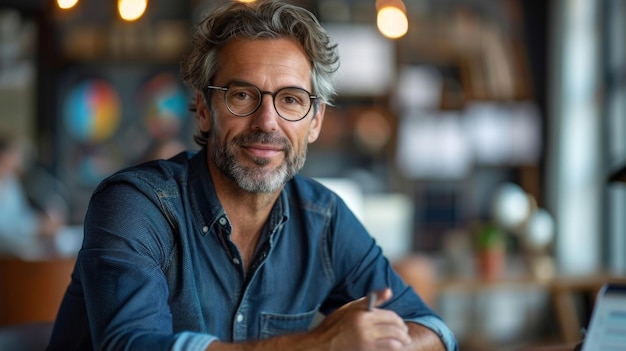 Smiling confident mature businessman leader looking at camera standing in office at team meeting