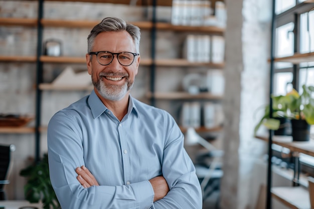 Smiling confident mature businessman looking at camera standing in office Elegant stylish