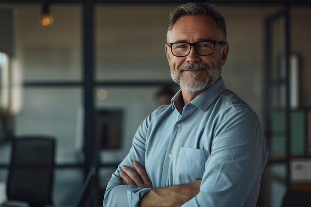 Smiling confident mature businessman looking at camera standing in office Elegant stylish