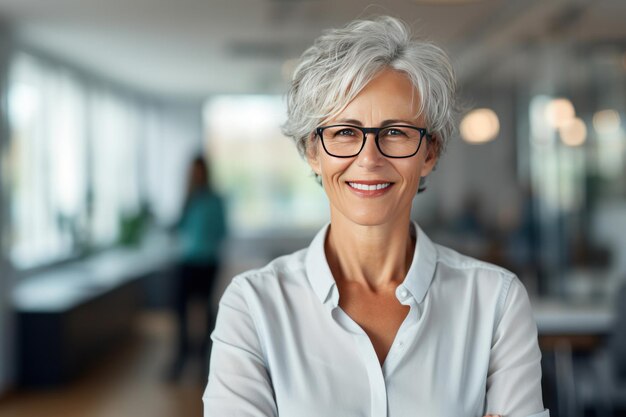 Foto una donna matura di mezza età sorridente e sicura in un ufficio moderno