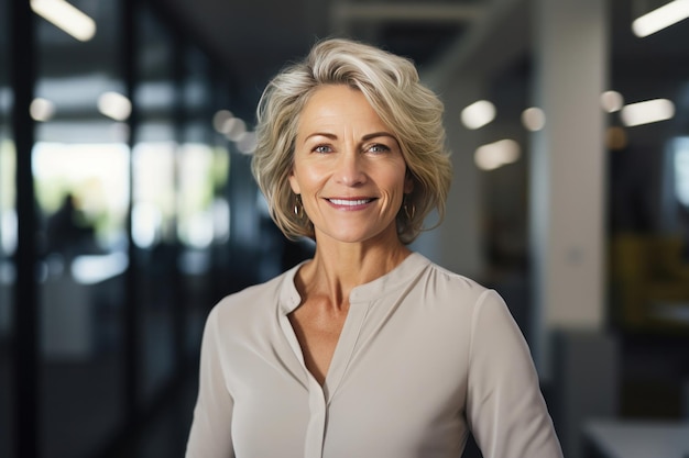 A smiling confident mature middle aged woman standing in a modern office