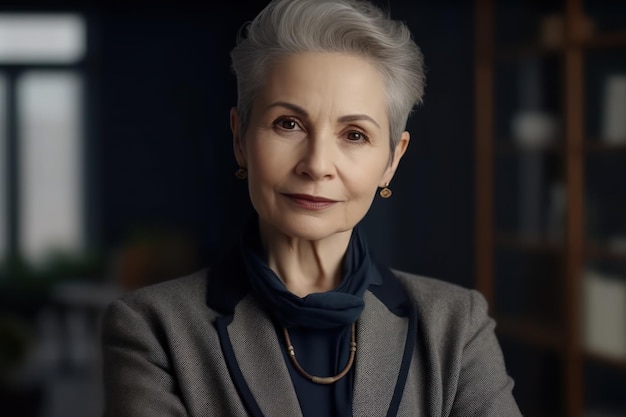 Smiling confident stylish 50s middle aged woman standing at home office older businesswoman lady executive business leader manager or entrepreneur looking at camera arms crossed portrait