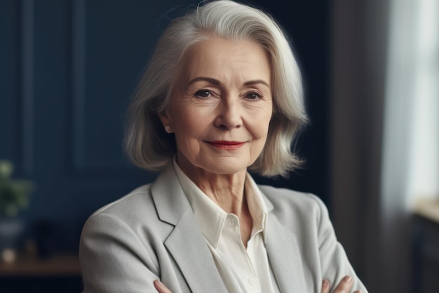 Smiling confident stylish mature middle aged woman stand at home office old senior elegant businesswoman 60s gray haired lady executive business leader manager looking at camera vertical portrait