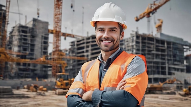 Smiling construction engineer posing with arms crossed isolated over grey background