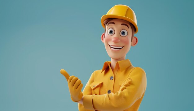 Foto personaggio di costruttore sorridente in uniforme giallo in stile cartone animato ideale per