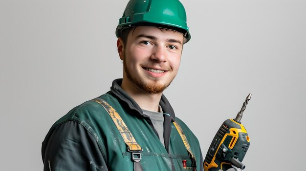 Smiling construction worker in hard hat holding a drill Professional tradesman at work Home renovation and construction concept Portrayal of skilled labor AI