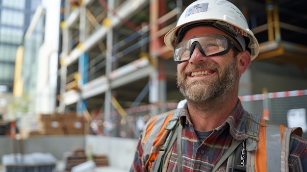 Smiling Construction Worker in Helmet Outdoors