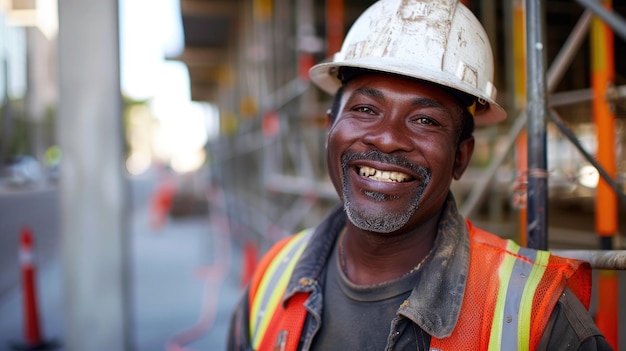 Smiling Construction Worker in Helmet Outdoors