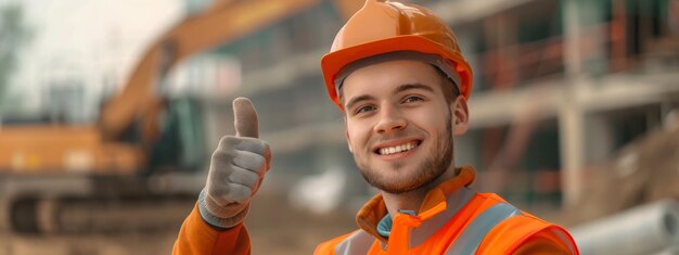 Smiling Construction Worker in Safety Gear Giving Thumbs Up at Building Site banner