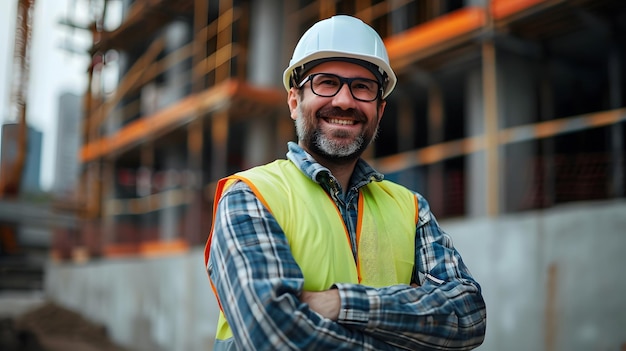 smiling construction worker wearing hard hat and safety vest