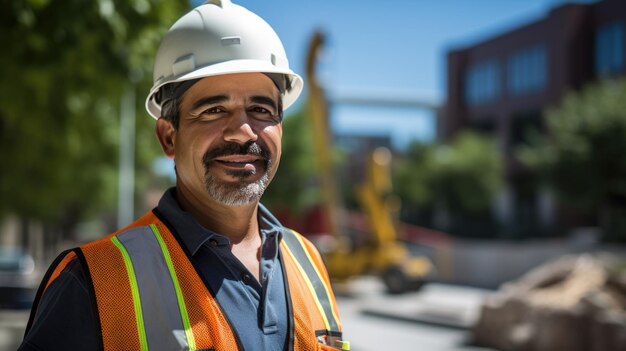 Photo smiling construction worker wearing a hard hatand a reflective vest stands confidently at a construction site