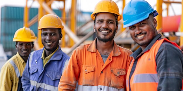 Foto lavoratori della costruzione sorridenti che posano per la telecamera generativa ai