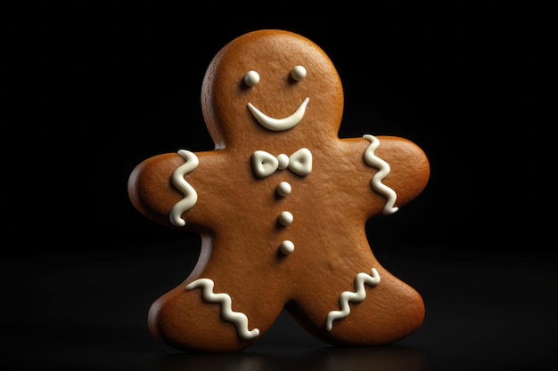 Smiling cookie gingerbread man on black background AI generated illustration