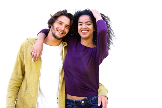 Smiling couple against white background 