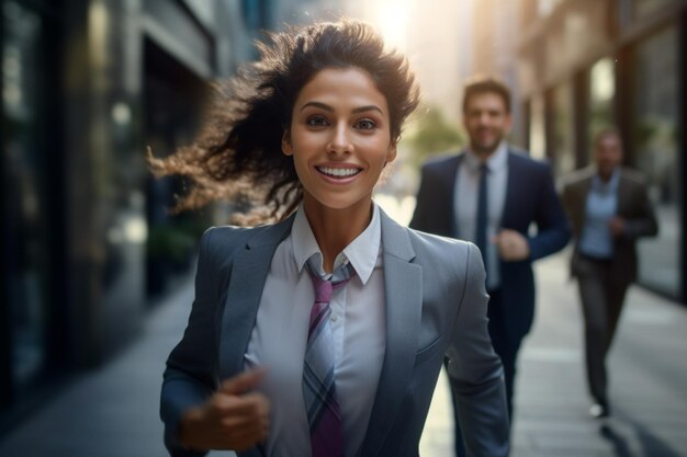 Photo smiling couple businessman running to work with inspiration in advertising concept