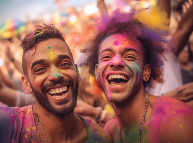 Foto coppia sorridente che celebra alla lgbtq gay pride parade a sao paulo pride month in brasile