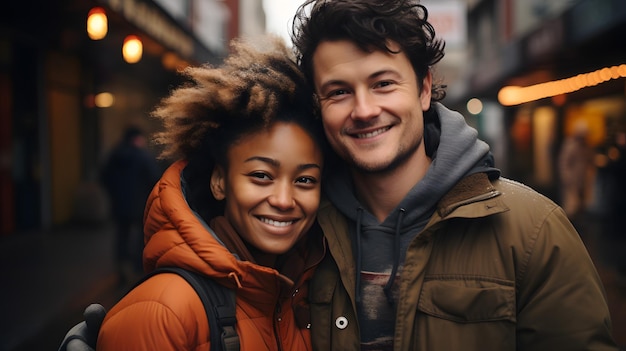 smiling couple in a city street with buildings in the background Generative AI
