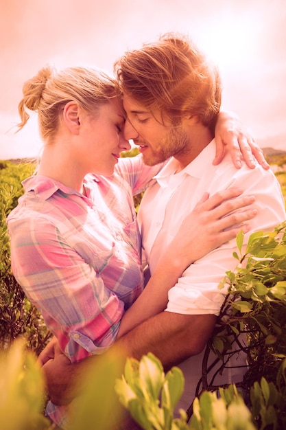 Smiling couple embracing outside among the bushes on a sunny day