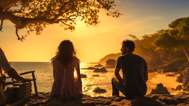 Smiling couple enjoys sunset on tropical beach generated by AI