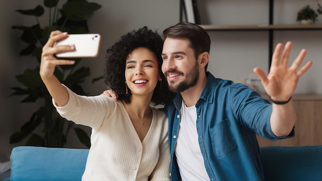 Smiling couple having fun with smartphone taking selfie at home