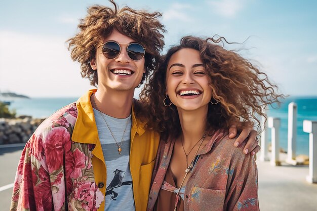 Foto coppia sorridente che tiene in spiaggia in una calda giornata estiva