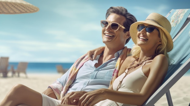 Smiling couple relaxing on sunny beach