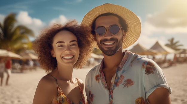 Smiling couple relaxing on sunny beach