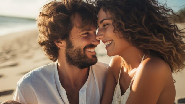 Smiling couple relaxing on sunny beach