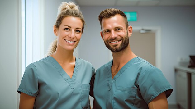 a smiling couple in scrubs with a sign that says  happy smiling