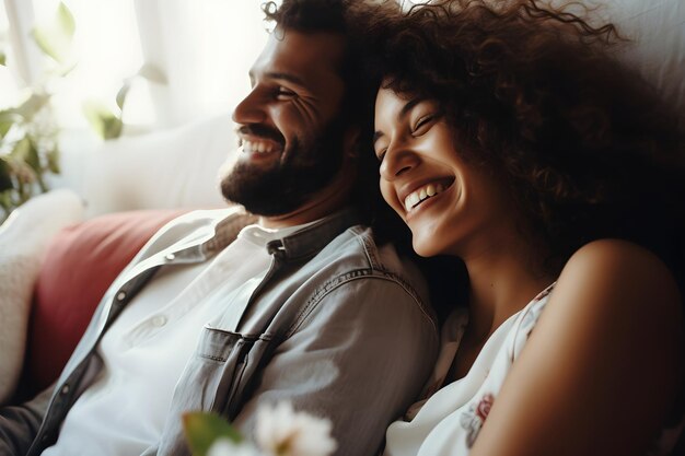 Smiling couple sitting on a couch with flowers in their lap Generative AI