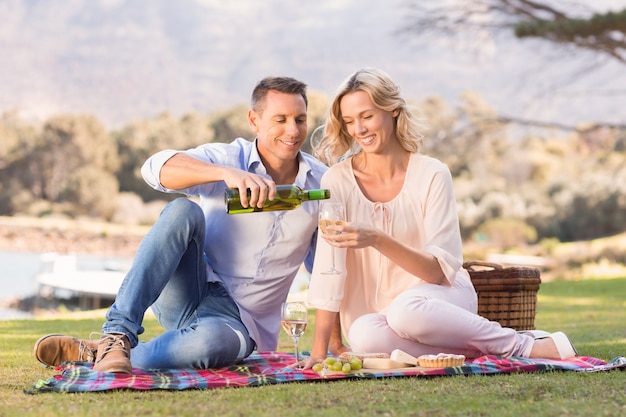 Smiling couple sitting on picnic blanket and pouring wine in glass 