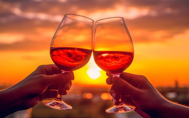 Улыбающаяся пара, выпивающая красное вино на закате