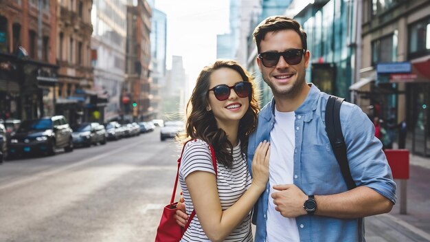 Smiling couple on vacation in city