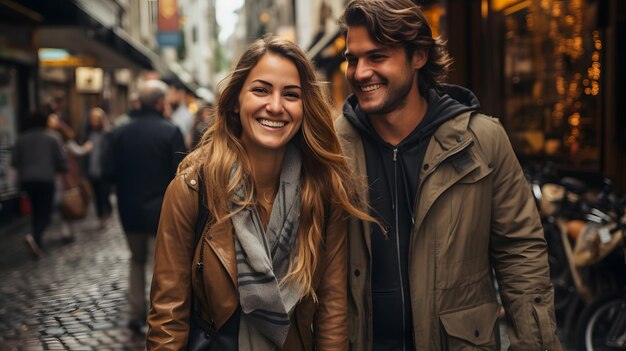 smiling couple walking down a city street in the rain Generative AI