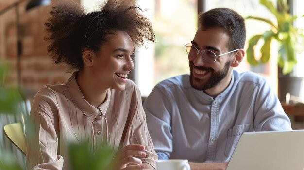 Photo smiling couple working in bussiness office