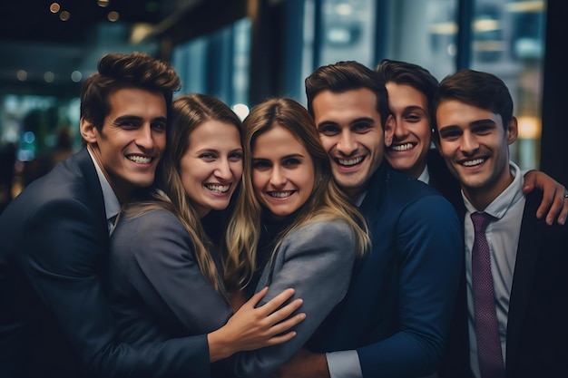 Smiling coworkers participating in a group hug