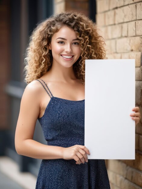 Smiling curly haired young woman holding a blank white