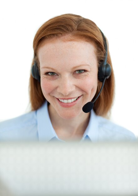 Smiling customer service agent with headset on 