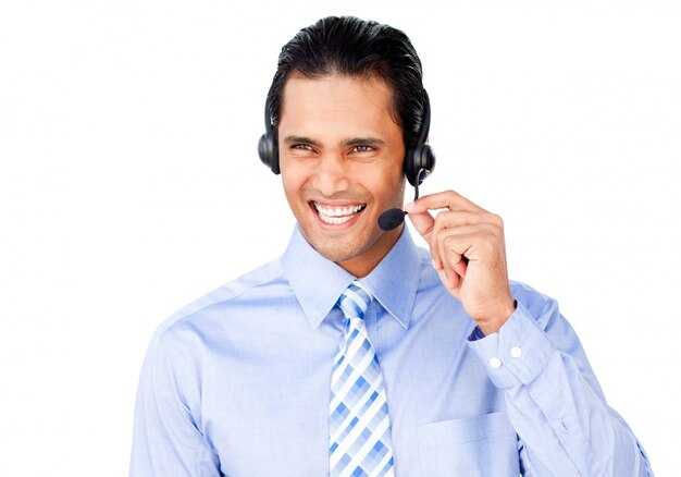 Smiling customer service agent with headset on 