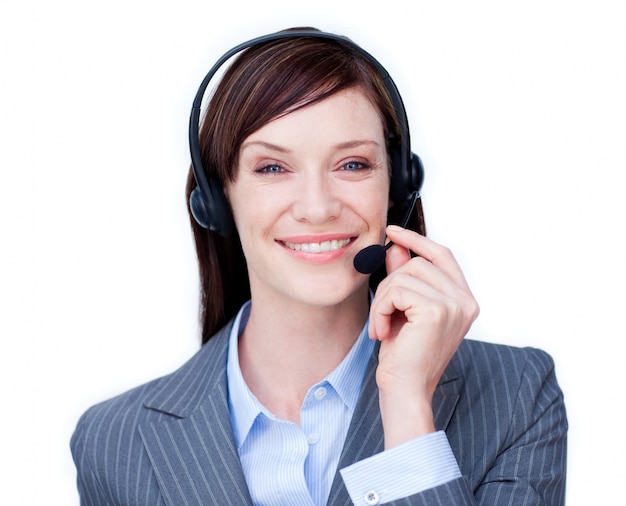 Smiling customer service agent with headset on 