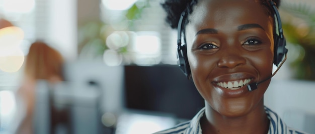 A smiling customer service representative wearing a headset representing approachable professional support