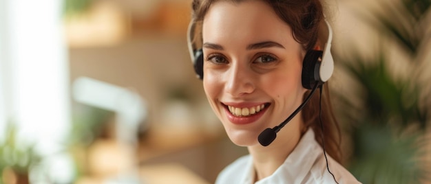 ヘッドセットをかぶった笑顔の顧客サービス担当者が友好的で効率的なサポートを提供しています