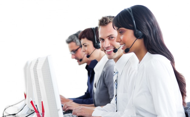 Smiling customer service representatives with headset on