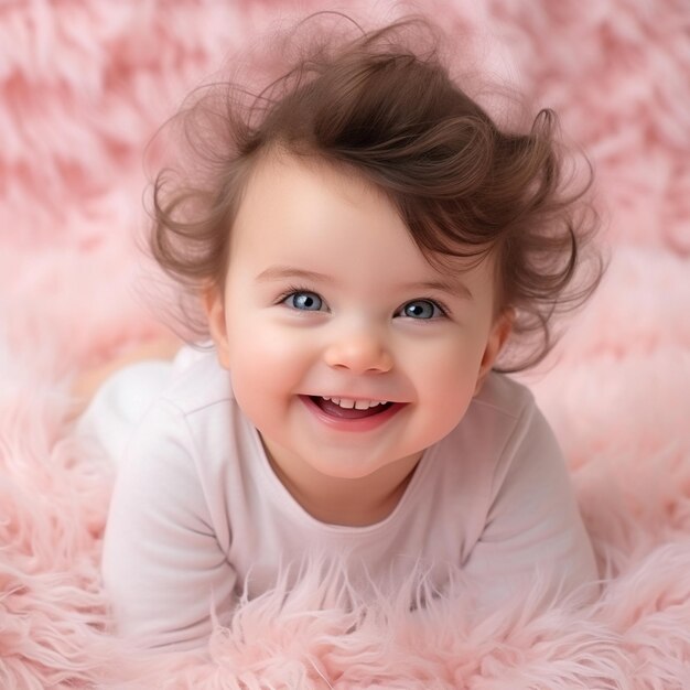 Smiling cute baby sitting on pink fluffy carpet